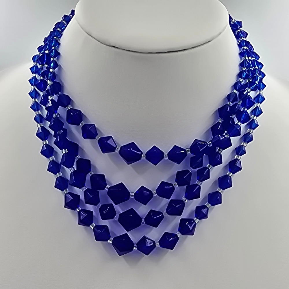 Vintage Japan Four Stand Glass Necklace Blue Statement Beaded
